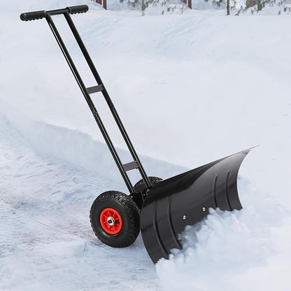 Snow Shovel for Driveway, Metal Snow Pusher with Wheels, Snow Plow with Large 29” x 16.5” Adjustable Angle Blade