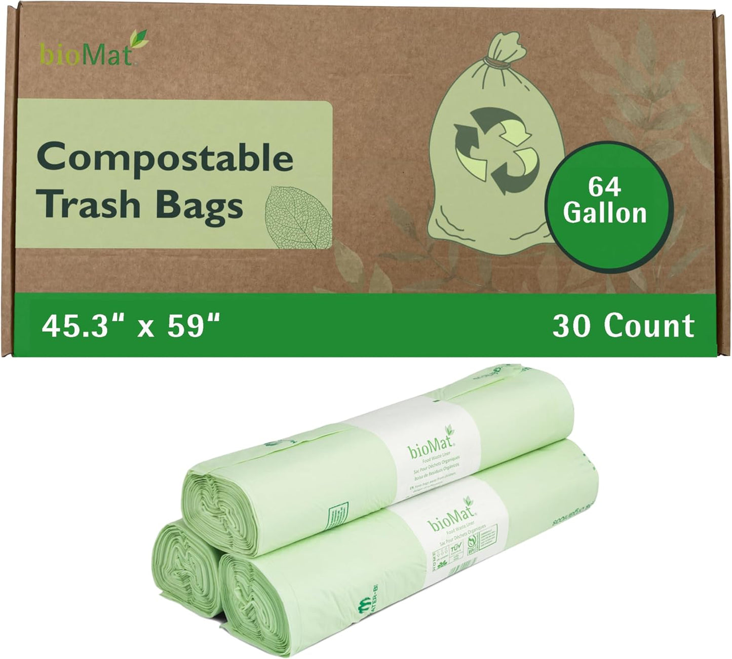 bioMat 64 Gallon Compostable Trash Bags, 30 Count, BPI ASTM D6400 Certified Compost Liner Bags for Trash Can