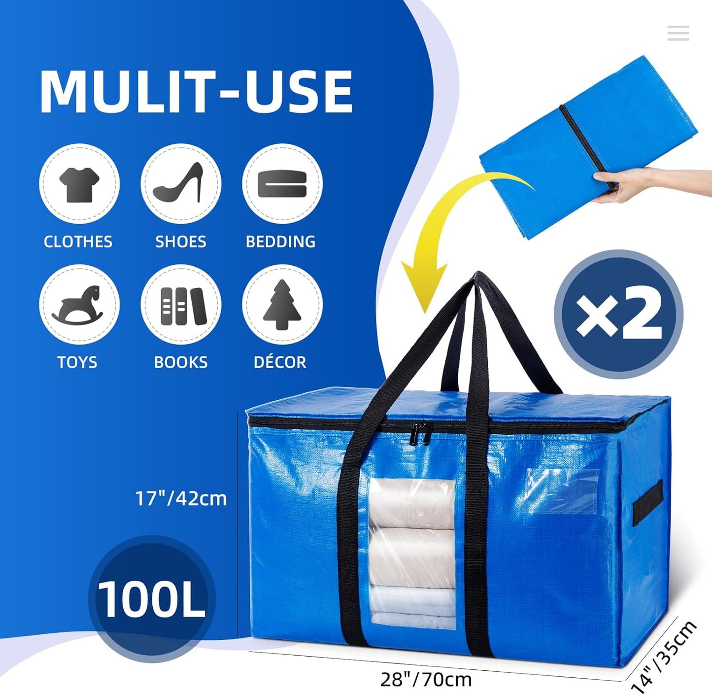 TAILI Extra Large Moving Bags, 2 Pack Blue Heavy Duty Totes For Storage with Visible Window, Wrap Around Handles, Storage Bags for Space Saving, Alternative to Moving Boxes