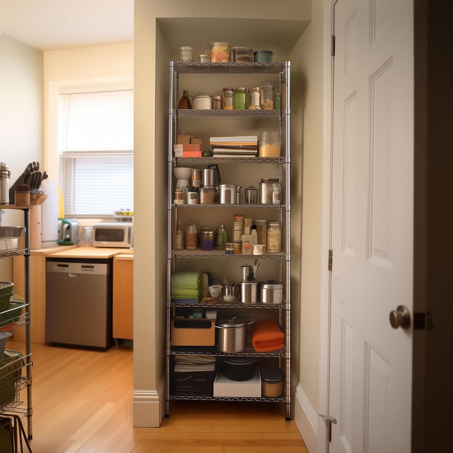 Finnhomy 8-Tier Wire Shelving Unit Adjustable Steel Wire Rack Shelving 8 Shelves Steel Storage Rack or Two 4-Tier Shelving Units with PE mat, Leveling Feet and Safety Device, NSF Certified, Chrome