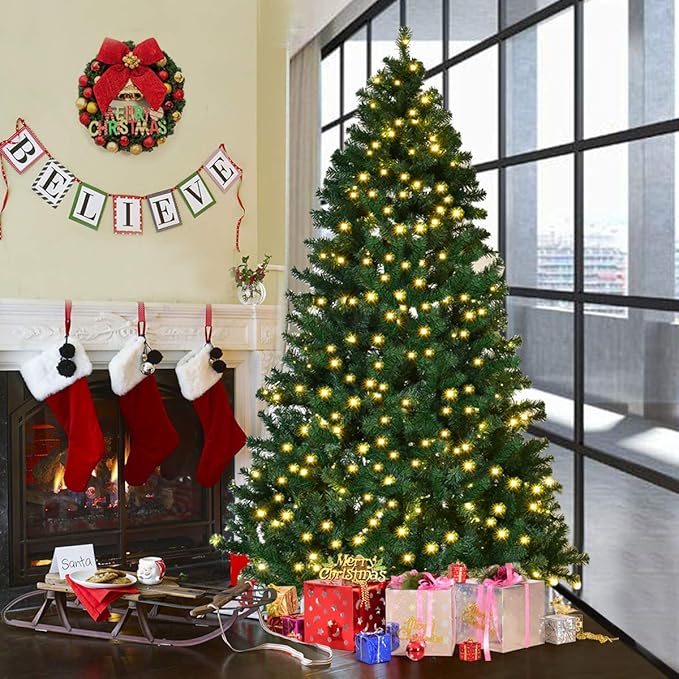 HAPPYGRILL 7.5FT Pre-lit Christmas Tree Artificial Hinged Xmas Tree for Home Holiday Décor, Metal Stand PVC Material 400 LED Lights, 1346 Branches Easy Setup & Storage