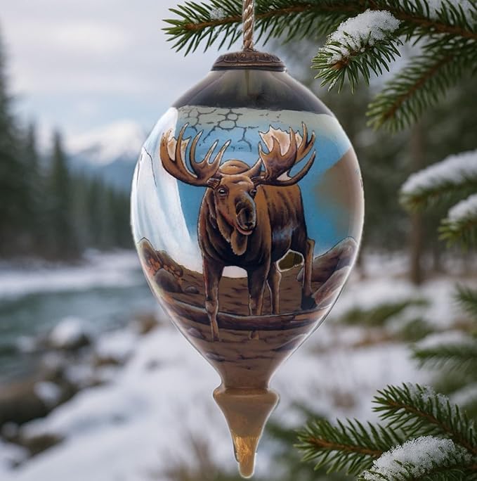 Majestic Moose Ornament – Hand-Painted Glass Christmas Moose Decoration – Moose Ornaments for Christmas Tree – Nature Wildlife Holiday Ornament Gift