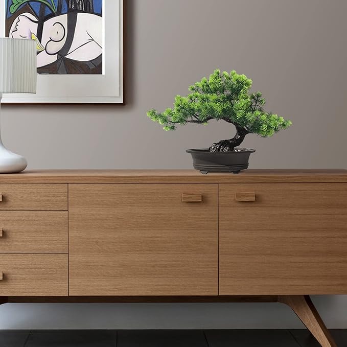 Artificial Bonsai Tree - Fake Plants for Home Decor, Bookshelf Coffee Table Office Desk Bathroom Farmhouse Indoor Decor, 9.5" Tall, Green