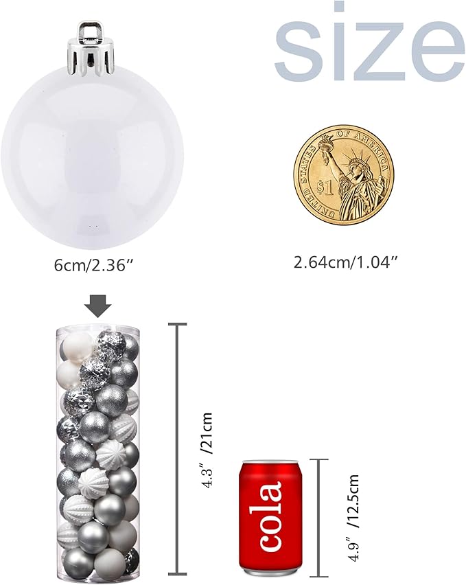 45Pcs 6cm/2.36inch Christmas Balls Glitter Ornaments Set, Shatterproof Plastic Xmas Tree Hanging Ornament, Christmas Decorations Balls for Holiday Festival Wedding House Bar Party(Silver/White)