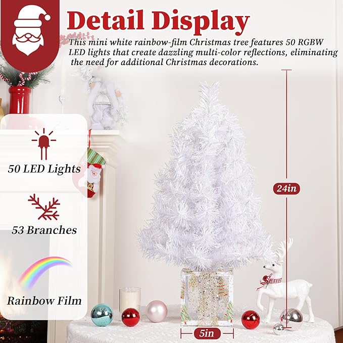 Brightever 2FT Small Christmas Tree, Prelit Mini Christmas Tree with 50 Multi-Color LED Lights, Gold Gift Box Base, Battery Operated Little Xmas Tree for Table Top, White