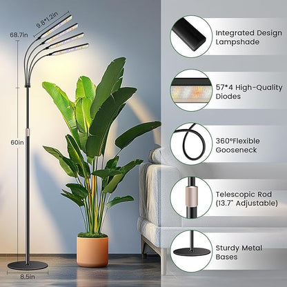 Grow Lights for Indoor Plants with Stand, 4-Heads Full Specturm Plant Grow Light with 4/8/12/16H Timer, 3 Color Modes, 360° Flexible Gooseneck, 24-68.7in Hight Adjustable Grow Lamp, Black