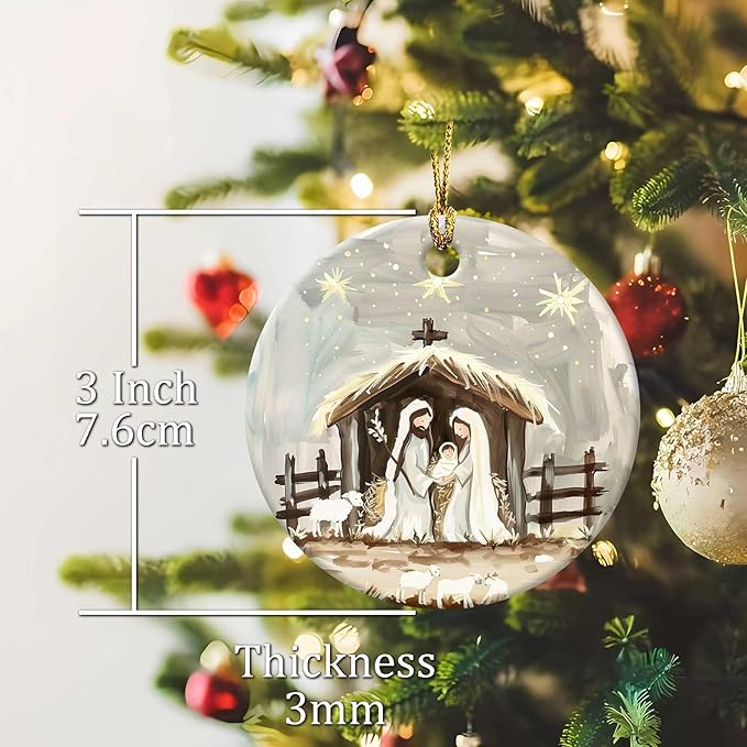 Nativity Night Ornaments Round Nativity Scene Ceramic Stained Glass Style Birth of Jesus Christ Hanging Ornament Christmas Keepsake Decor for Xmas Tree Winter Holiday Xmas Gift for Women Men 3"