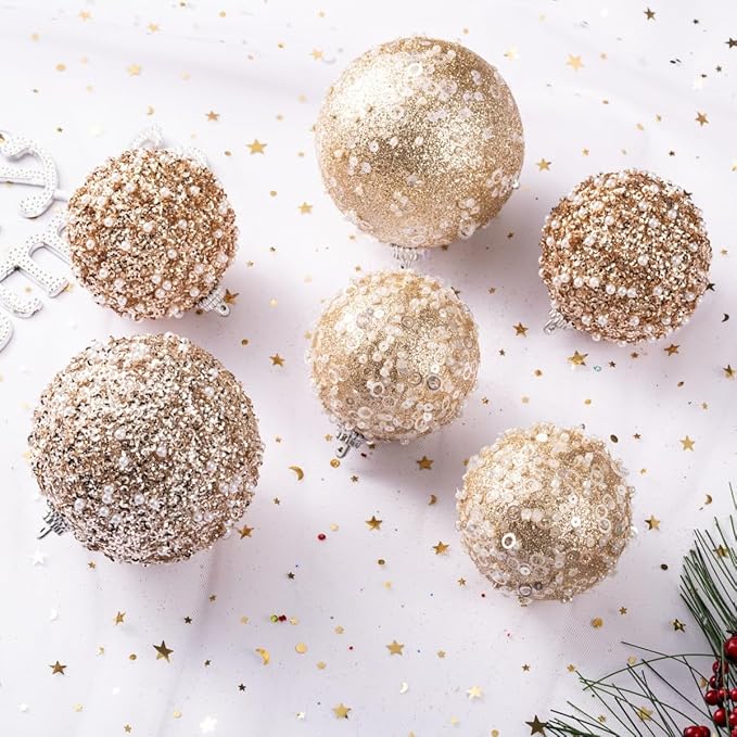 12CT Christmas Ball Ornaments, Champagne Christmas Ball Decorations Shatterproof Plastic Hanging Pearl Balls for Holiday Party(70mm/2.76")