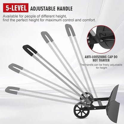 Snow Shovel with Wheels for Driveway, Snow Pusher Shovel with Adjustable Handle, Snow Plow Shovel with Large 37.4” x 9.8” Adjustable Angle Blade for Yards, Sidewalks, Decks, Job Site and Office