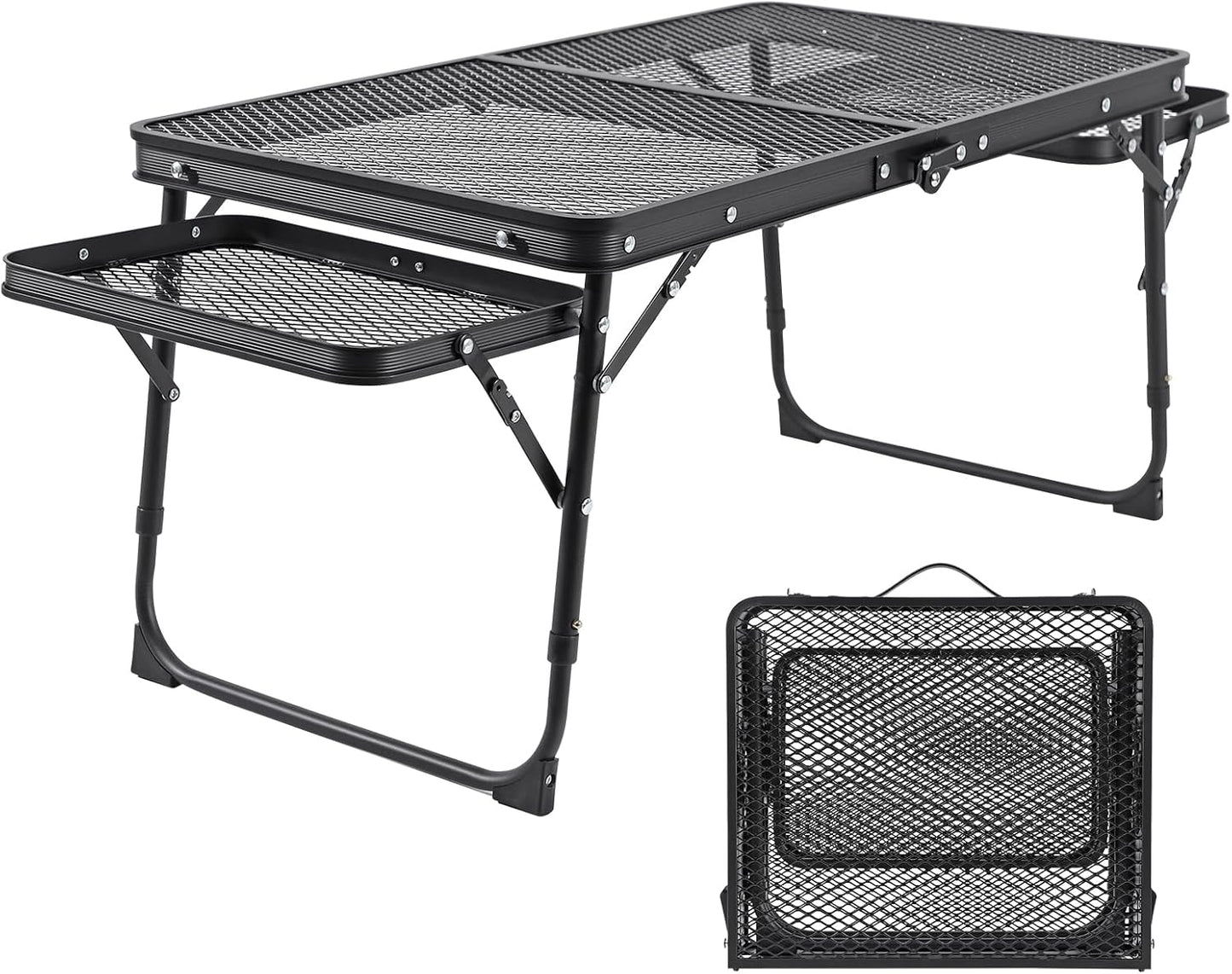 Camping Table Grill Table with Table Extension Board Adjustable Height Folding Tables Mesh Top Portable Grill for Outdoor Indoor Beach BBQ Picnic Travel RV Black