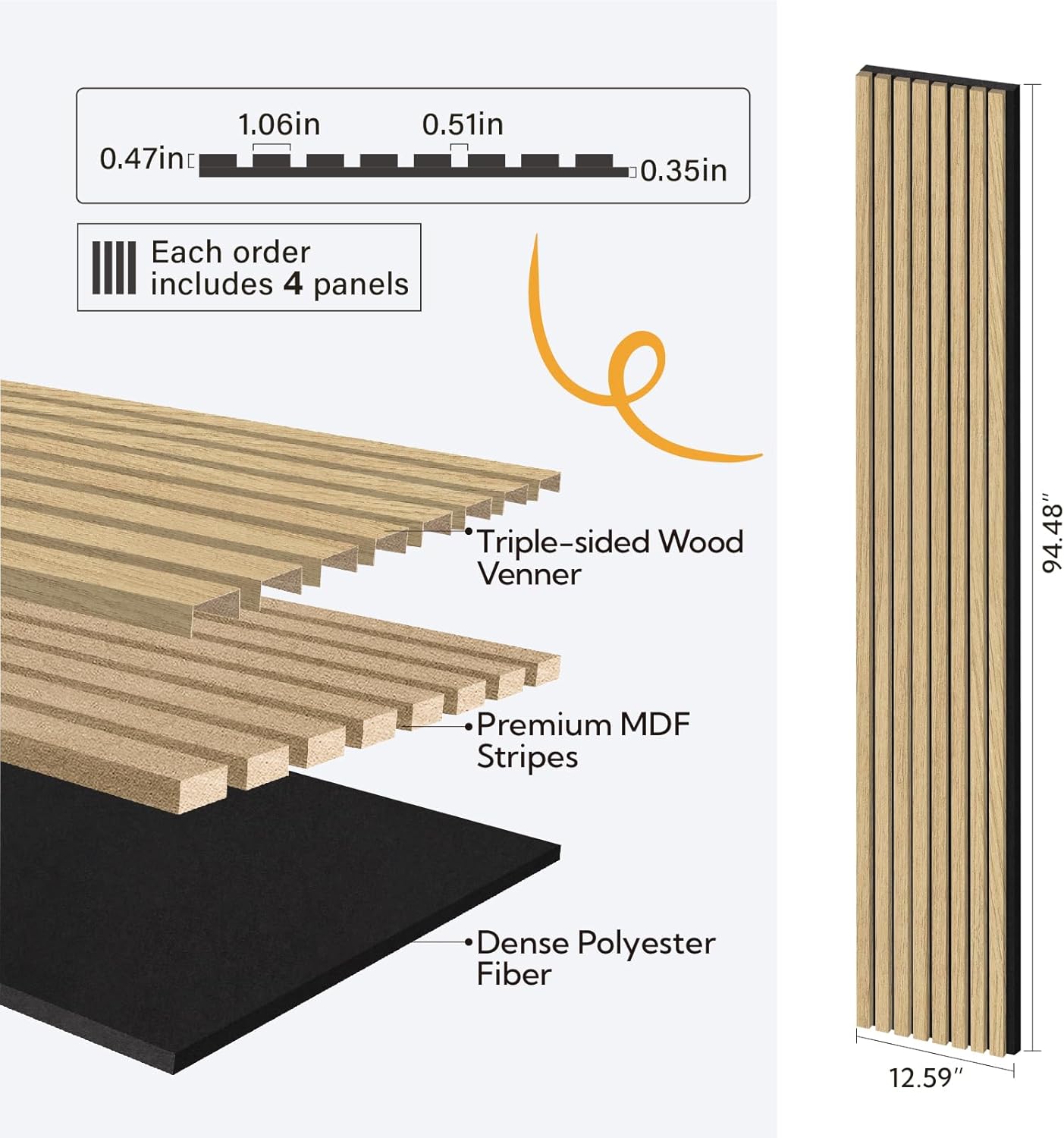 Olanglab Wood Slat Wall Panels 4 Pack, Wooden Acoustic Wall Panels, 94.5"x12.6" Each 3D Wall Panels for Interior Wall Decor (Warm Oak-Extendo Trio)