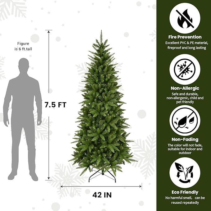 7.5ft Artificial Pencil Christmas Tree Hinged Realistic Slim Xmas Tree w/Sturdy Metal Stand, Fake Christmas Tree with 1396 Tips for Home, Office, Party Decoration Indoor