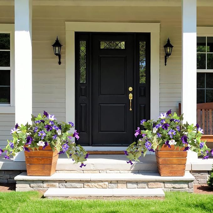 Artificial Morning Glory Fake Flowers for Outdoor Planter Decoration, 2 Pcs Petunias Realistic UV Resistant Faux Silk Flowers for Garden Balcony Porch Indoor Decor (Purple White)
