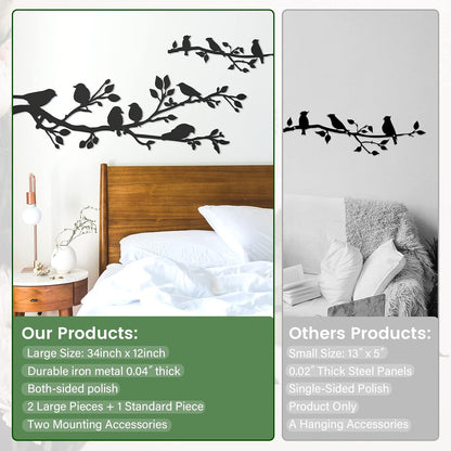 ULENDIS 3Pcs Large Metal Birds Wall Art, Bird on Branch Metal Birds Wall Decor Leaves with Bird Silhouette Sculpture, Ornament Branch Wall Hanging Sign for Balcony Garden Indoor Outdoor Decor