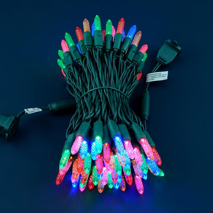 100 Multicolor Faceted One-Piece LED Christmas Lights, 33 ft Green Cord High Waterproof UL Certified M6 Outdoor String Lights (Multicolor)