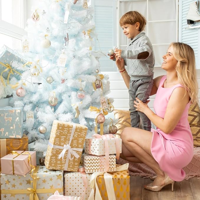 KTKDE 7.5FT White Christmas Tree, Artificial Holiday Christmas Tree with 1450 Branch Tips and Folding Metal Stand, Indoor Outdoor Xmas Decoration Tree for Home Office Party