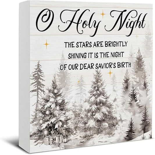 Holy Night Christmas Decor - Christian Nativity Wooden Sign Rustic Home Shelf Desk Decor - 5 x 5 Inches