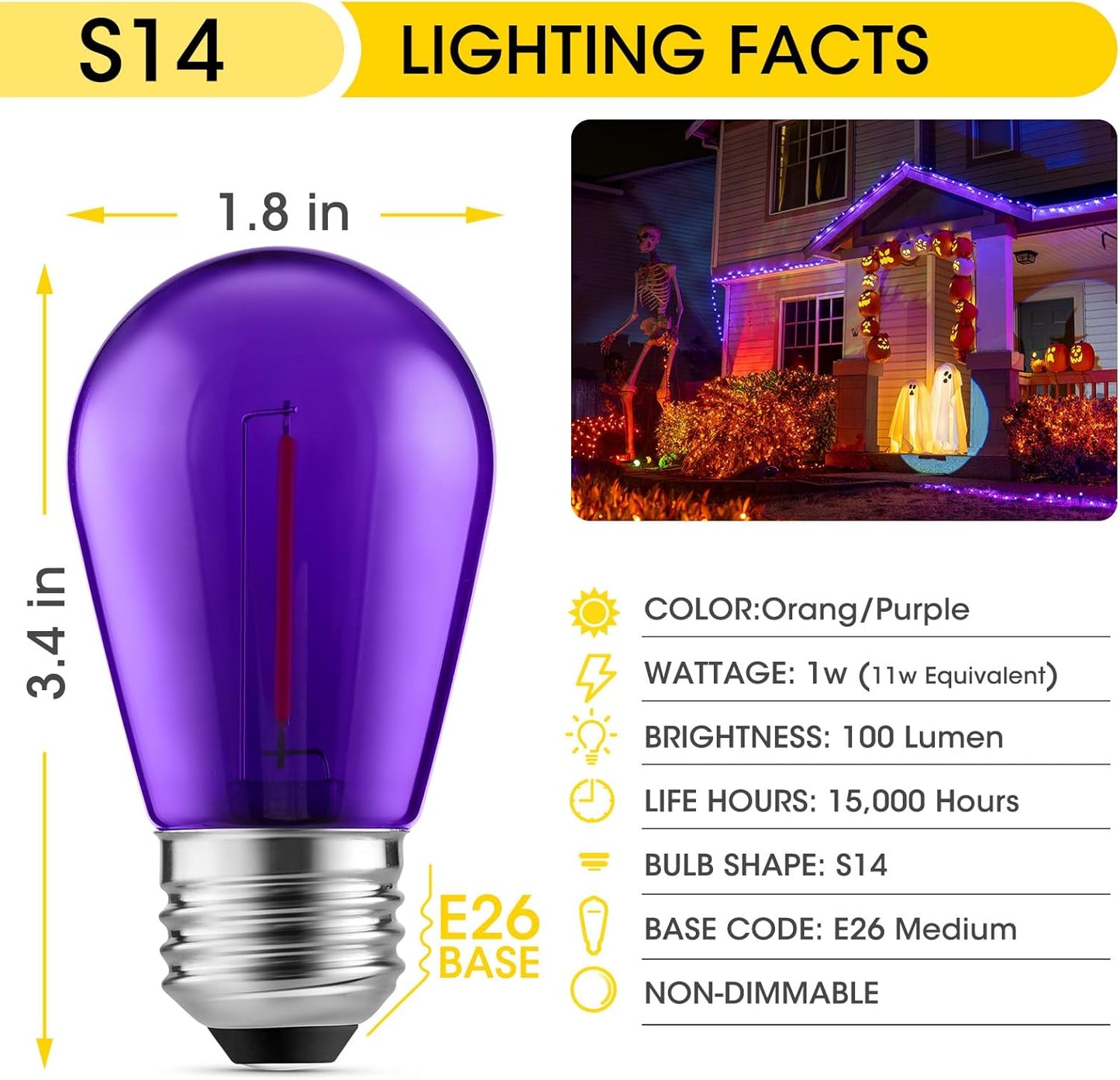 Meconard S14 Purple and Orange LED Light Bulbs, 24Pack 1W Plastic Shatterproof Waterproof LED Bulbs for Indoor Outdoor String Lights, E26 Base, Halloween Decoration, String Light Replacement Bulbs
