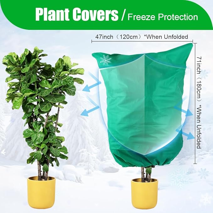Plant Covers Freeze Protection 2-Pack, 47.3" x 70.9" Frost Covers with Zipper Drawstring, Outdoor Winter Frost Cold Weather Shrubs Trees Jacket Covers Green