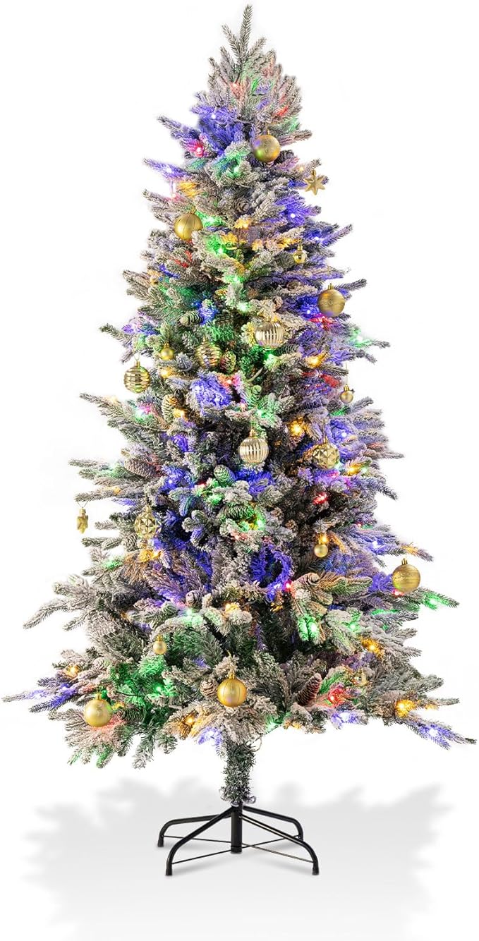 6ft Prelit Artificial Christmas Tree with 200 Multi-Color LED, 4 Color 8 Mode, Flocked Hinged Xmas Tree with 1000 Realistic Branches & Pinecones, Easy Assembly for Home Holiday Decoration