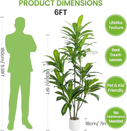 6FT Artificial Dracaena Tree, Faux Dracaena Plant with Stones in White Round Planter, Tall Fake Floor Plant for Indoor Home Office Living Room Decor