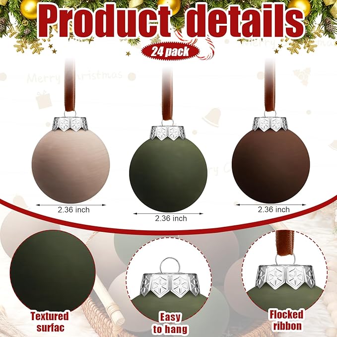 24 Pcs Neutral Matte Christmas Ball Ornaments 2.4 Inch Rustic Boho Brown Green Tan Xmas Bulbs Ornament Vintage Xmas Baubles Modern Christmas Decor for Tree Farmhouse Decor
