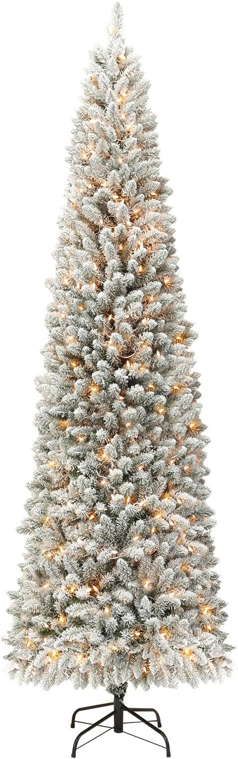 Pencil Prelit Christmas Tree 7.5ft - Skinny Flocked Artificial Christmas Tree with 290 Warm White Lights, 896 Snowy PVC Branch Tips, Slim Holiday Tree Decoration for Xmas - White