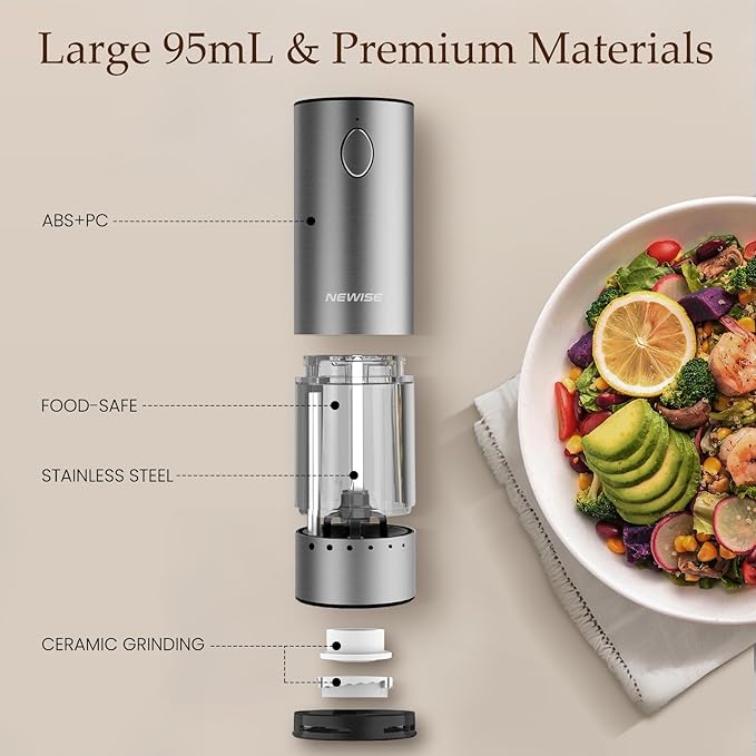 Electric Salt and Pepper Grinder Set - Christmas Kitchen Gift, Rechargeable with LED Lights, Stainless Steel Automatic Mill, Adjustable Coarseness, Large Capacity, Silver