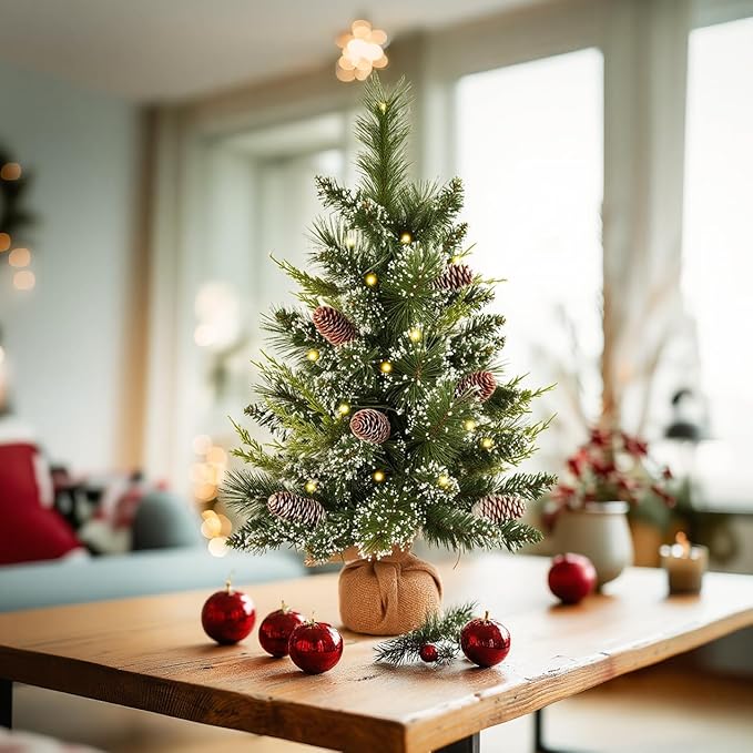 deeinglif 2ft Mini Christmas Trees 24" with LED Lights and Pine,Tabletop Branches Cones and Cloth Bag Base Home Party Dining Room Window Decoration for Christmas