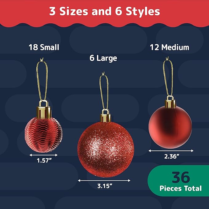 Prextex 36-Pieces Red Christmas Ornaments Set - Shatterproof, Festive Christmas Balls Decorations in 3 Sizes and 6 Styles with Hanging Loops for Tree, Wreath, and Dazzling Holiday Party Decor