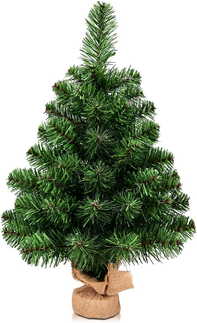 HAPPYGRILL 2 Feet Small Christmas Tree, Artificial Tabletop Mini Christmas Tree with 67 PVC Branch Tips, Burlap Cement Base, Spruce Xmas Tree for Home, Office Holiday Decoration, No Assembly Required