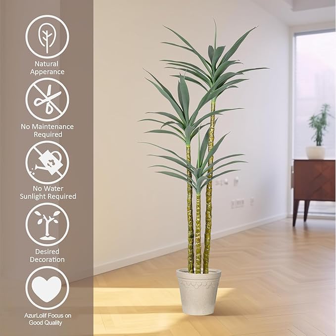 Artificial Agave Plant 5Ft Artificial Tree, Indoor Large Fake Plant 7 Head in Black Plastic Planter, 60in Faux Plants for Indoor or Outdoor Office Decoration Housewarming Green Tree