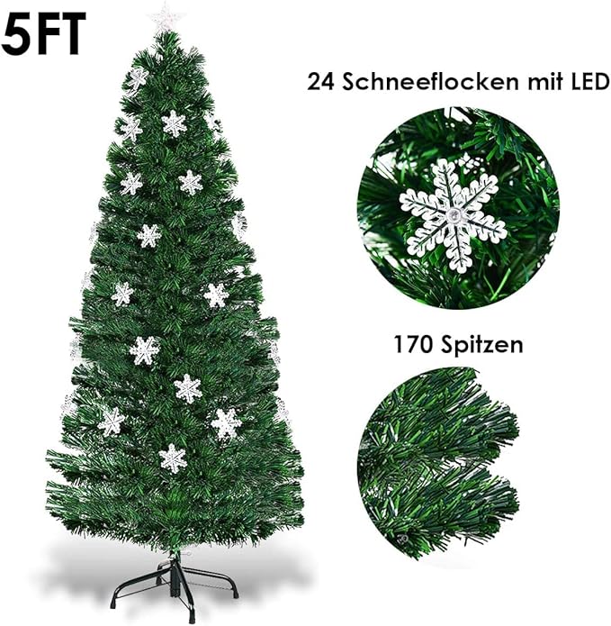 Happygrill 5FT Pre-lit Christmas Tree Fiber Optic Christmas Tree Artificial Spruce Tree Green Xmas Tree with Star Lights, Metal Stand, Full Xmas Tree for Holiday Decoration