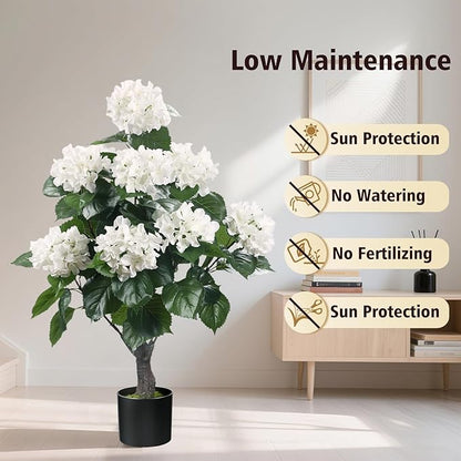 Romantic Season 38" Artificial Hydrangea Tree in Pot, Faux Potted Silk Hydrangea Plant for Indoor Outdoor Decoration, Lifelike Artificial Flower Tree for Home, Office, Patio, Garden Decor, White