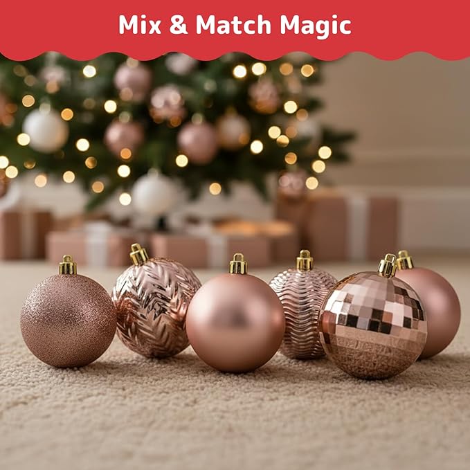 Prextex 36-Pieces Christmas Ornaments Set - Shatterproof, Festive Christmas Balls Decorations in 3 Sizes and 6 Styles with Hanging Loops for Tree, Wreath, and Dazzling Holiday Party Decor - Rose Gold