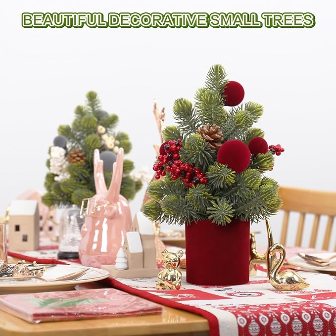 Small Christmas Tree, 12Inch Artificial Burgundy Velvet Ball Berry Mini Tabletop Christmas Decorations, for Home Party Thankgivings Xmas Indoor Decor.