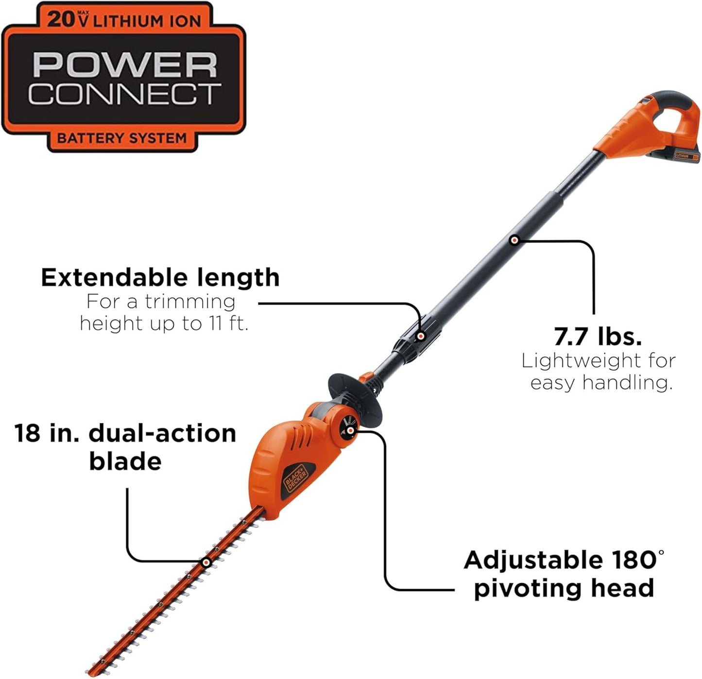 BLACK+DECKER 20V MAX Cordless Pole Hedge Trimmer, 18-Inch (LPHT120)