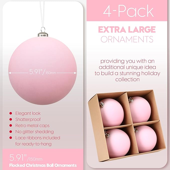 Sea Team 4-Pack Large Flocked Velvet Christmas Tree Ball Ornaments Set, Hanging Velour Baubles, Shatterproof Plastic Decorations for Xmas Tree, Wreath, Garland, 150mm/5.91 Inches, Pink