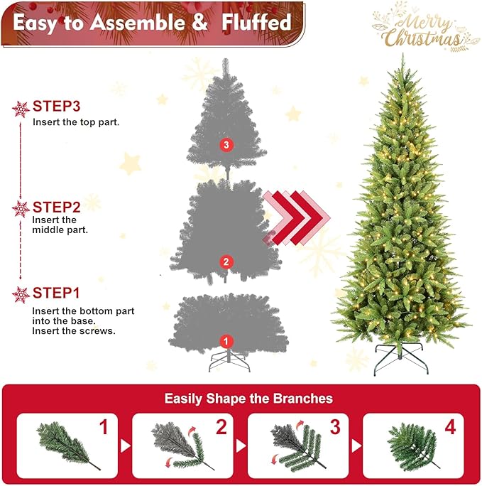 4ft Skinny Christmas Tree with 150 Warm White Lights, Premium Pre Lit Slim Artifical Christmas Tree with 424 Branch Tips, Memory Wire Hinge Narrow Xmas Trees with Foldable Metal Stand for Holiday