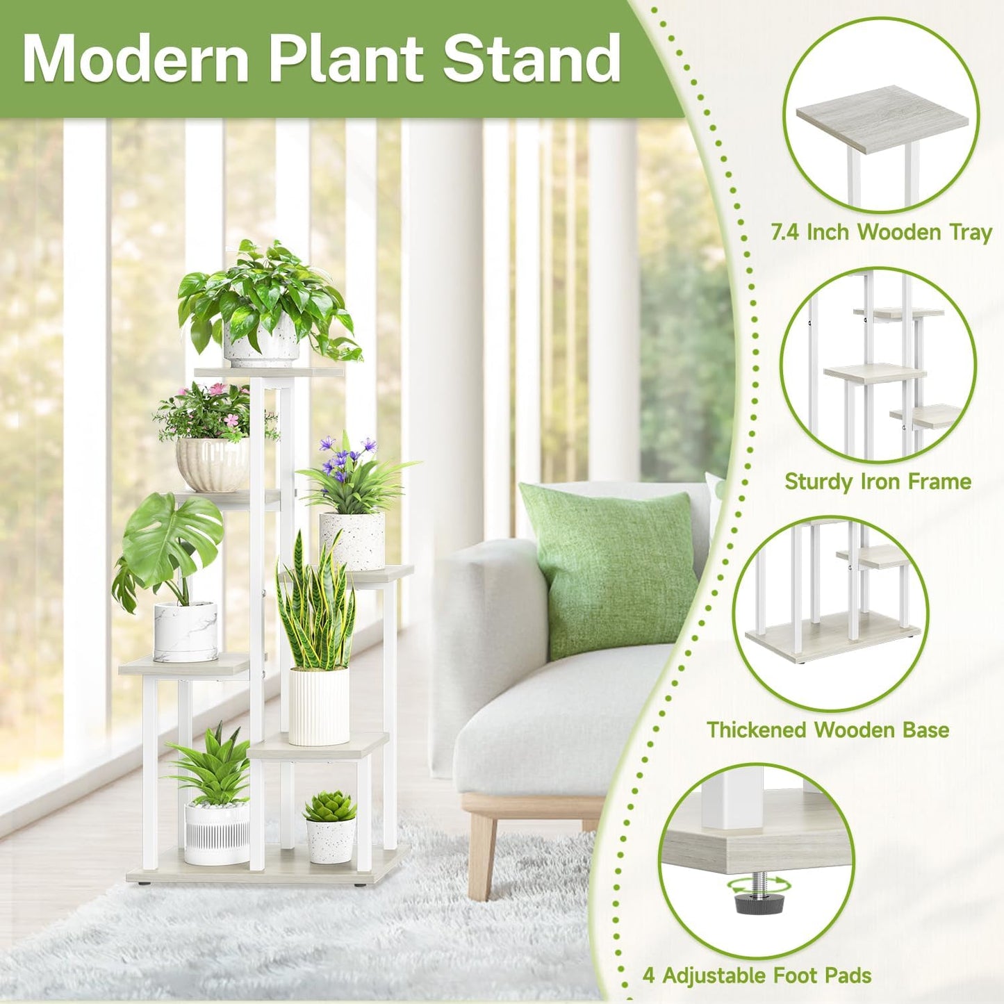 iDavosic.ly 6 Tier Plant Stand Indoor, Tiered Corner Plant Shelf for Multiple Plants, Metal Wood Tall Plant Display Rack Flower Holder for Patio Porch Garden Balcony Bedroom, White