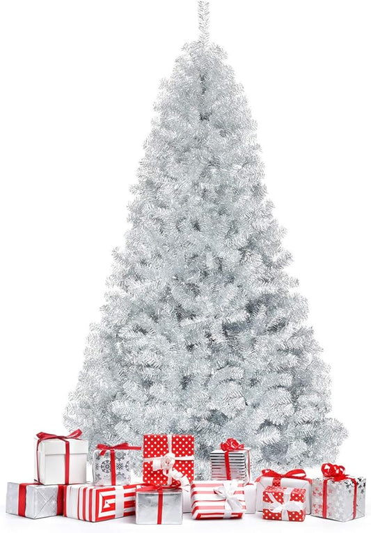 Happygrill 7.5 FT Christmas Tree Silver Tinsel Xmas Tree with 1258 Branch Tips Metal Stand, Artificial Hinged Christmas Tree for Indoor and Outdoor Holiday Decoration