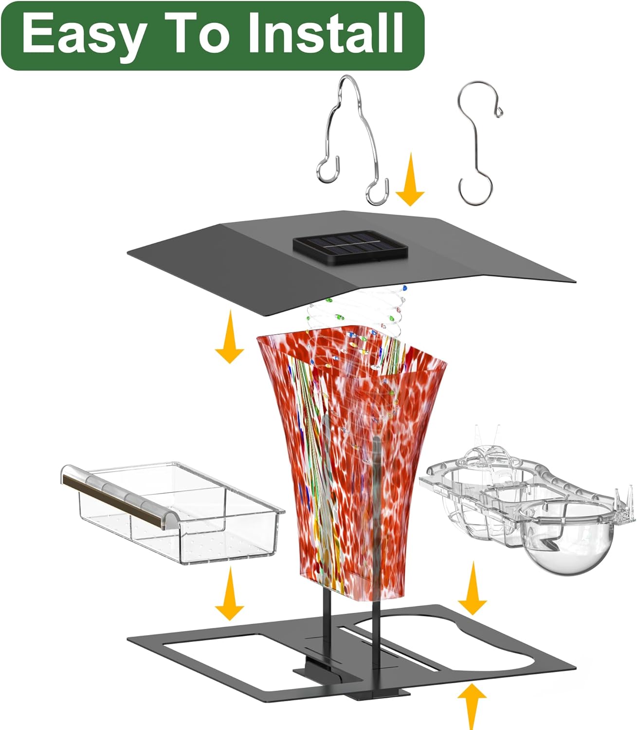 LUJII 6-in-1 Solar Bird Feeder with RGB String Lights, Hand Blown Glass, 2 Removable Trays for Bird Seed, Suet Ball, Mealworm, Oriole Orange Fruit, Jelly or Water, Red