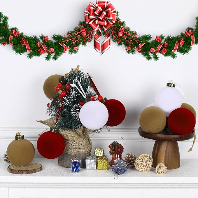 24 Pcs Velvet Christmas Balls Bulk Shatterproof Plastic Christmas Tree Decorations for Decorative Hanging Baubles (24, White、Wine red、Khaki, 2.36Inch)