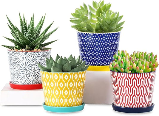 Selamica Ceramic Succulent Pots, 4.3 Inch Small Plant Pots with Drainage Holes and Saucers, Small Flower Pots for Succulent, Cactus, Home Decor, Set of 4, Assorted Colors