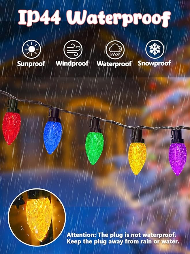 2-Pack Connectable C9 Christmas Lights Outdoor Indoor, 66 FT 100 LED Christmas String Lights Plug in with 8 Modes & Timer, Waterproof Fairy Twinkle Light for Xmas Tree Yard Decorations (Multi-colored)