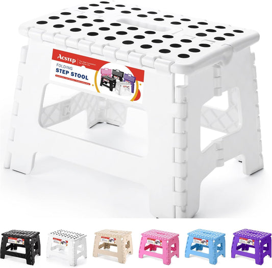 ACSTEP Folding Stool - Portable, Collapsible Plastic Step Stool, 9 Inch, Non Slip, Foldable, for Kitchen, Bathroom, Bedroom (White)