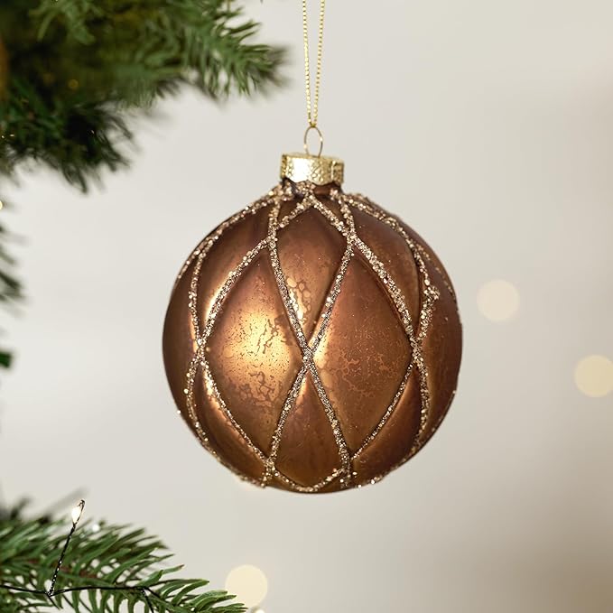 DN DECONATION 4PCS Christmas Ball Ornaments – 4” Brown Glass Hanging Ball Ornaments Set for Christmas Tree with Shimmering Gold Lines, Winter Decor Holiday Decorations Xmas Gifts