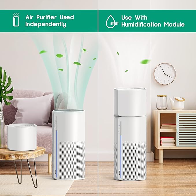 Afloia 2 IN 1 Air Purifier with Humidifier Combo, 3-Stage Filters for Home Allergies Pets Hair Smoker Odors, Evaporative Humidifier, Auto Shut Off, Quiet Air Cleaner with Seven Color Light,White