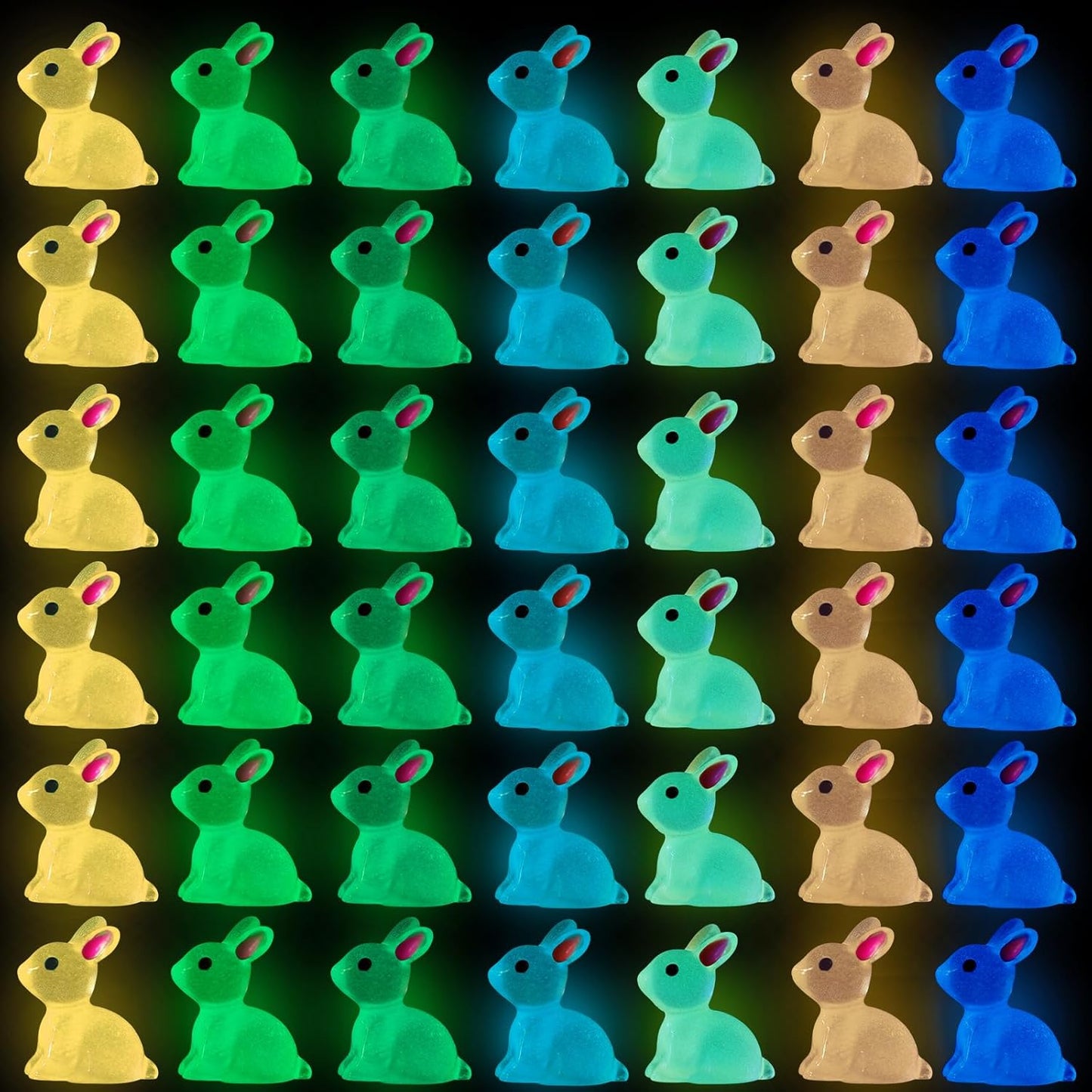 70pcs Easter Luminous Mini Resin Bunny 7 Colors Little Small Glow in The Dark Rabbit Bunny Figures for Dollhouse Micro Fairy Garden Decor Easter Egg Fillers Party Favors Supplies