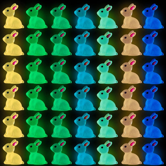 70pcs Easter Luminous Mini Resin Bunny 7 Colors Little Small Glow in The Dark Rabbit Bunny Figures for Dollhouse Micro Fairy Garden Decor Easter Egg Fillers Party Favors Supplies